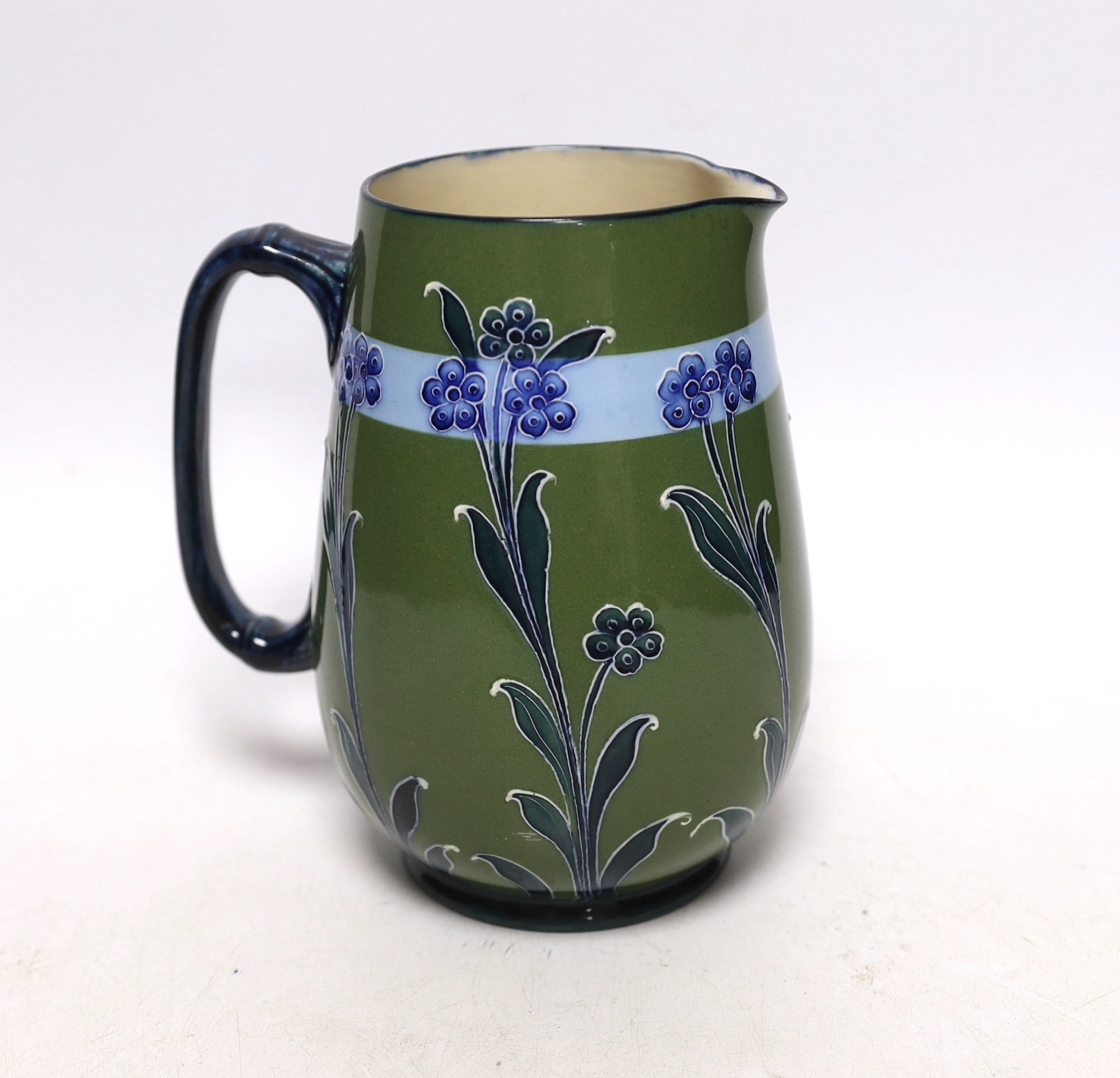 A James McIntyre & Co Florian ware jug, probably designed by William Moorcroft, 16.5cm